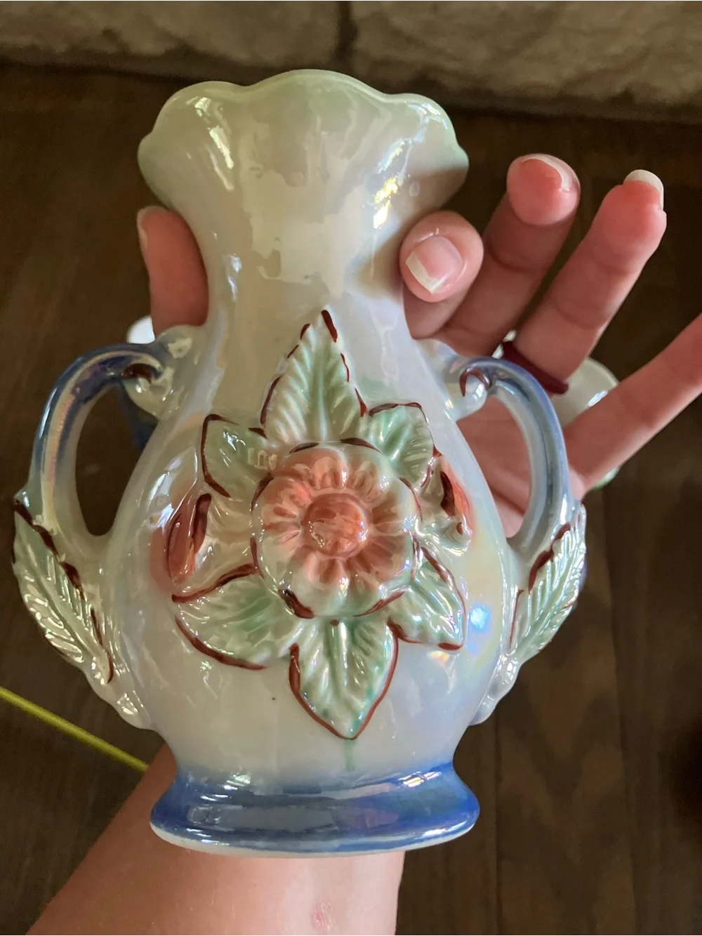 3 Vintage Lusterware Vase Art Pottery Floral Double Handle From Brazil